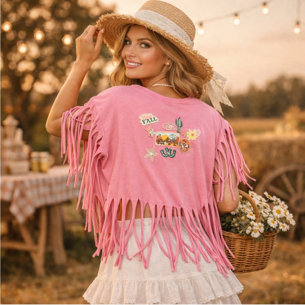 Pink Fringe Short Sleeve Tee with Western Patch Detail